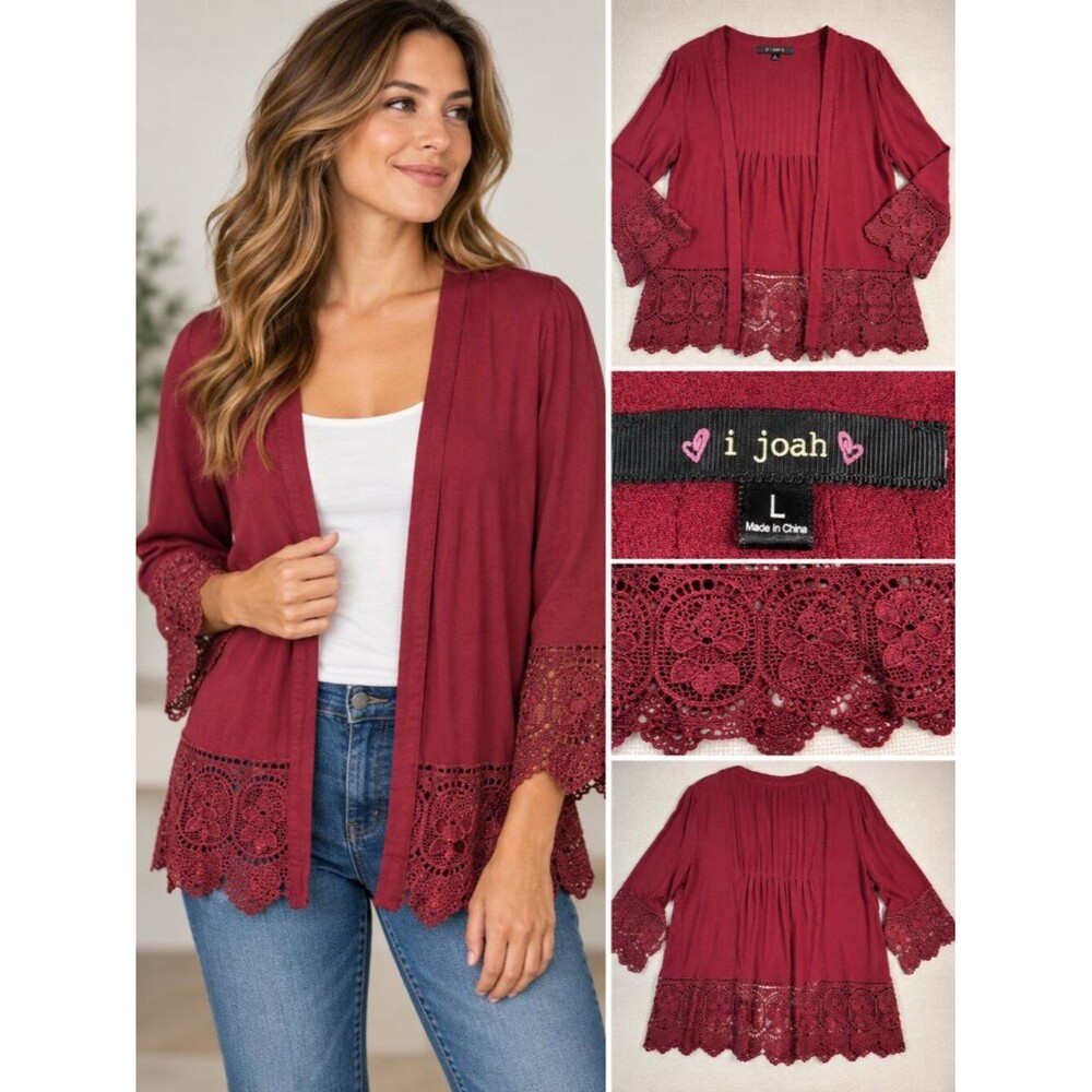I Joah Burgundy Lace Trim Open Front Cardigan Boho Chic Romanticcore Size L